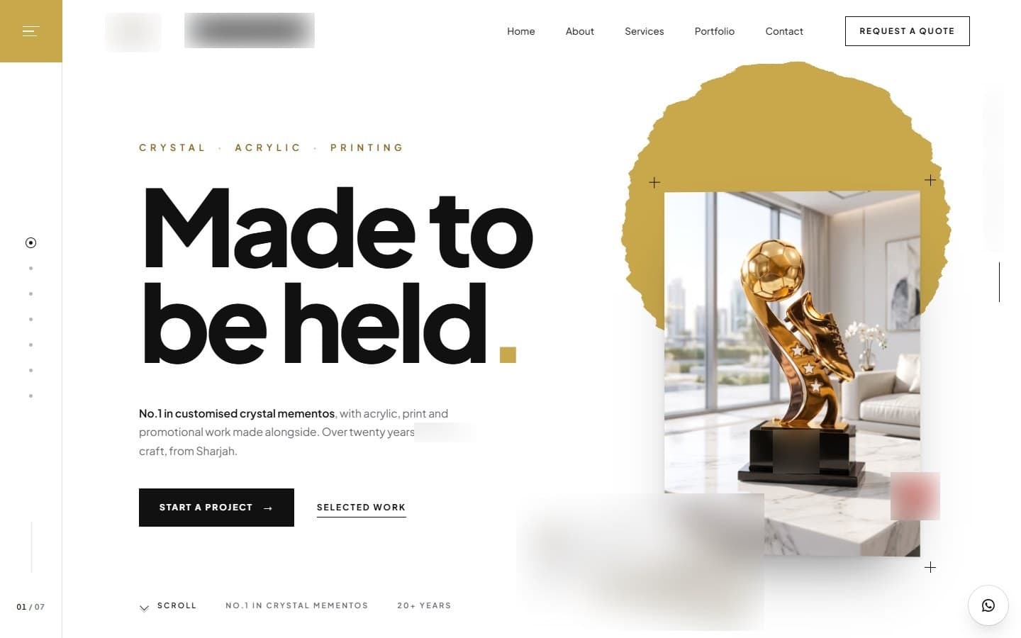 Website homepage: “Made to be held.” beside a gold crystal trophy