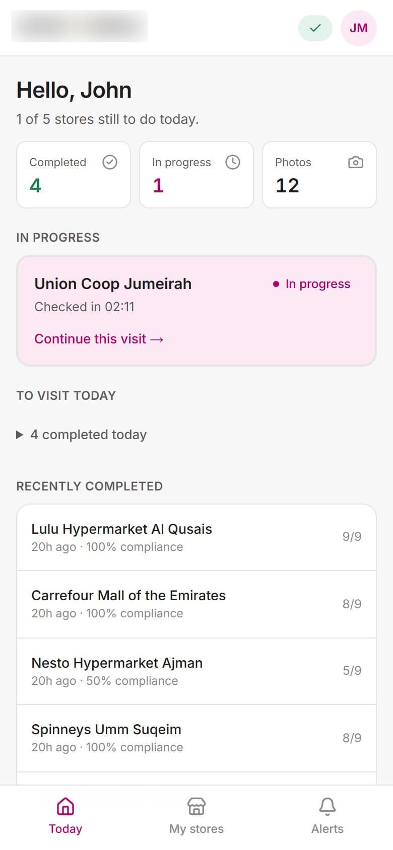 Merchandiser app showing today’s store visits